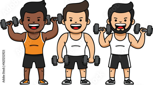 Three men exercising with dumbbells in gym workout fitness training vector illustration 