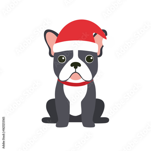 Cute French Bulldog Dog Wearing a Christmas Santa Hat Isolated on a Transparent Background 