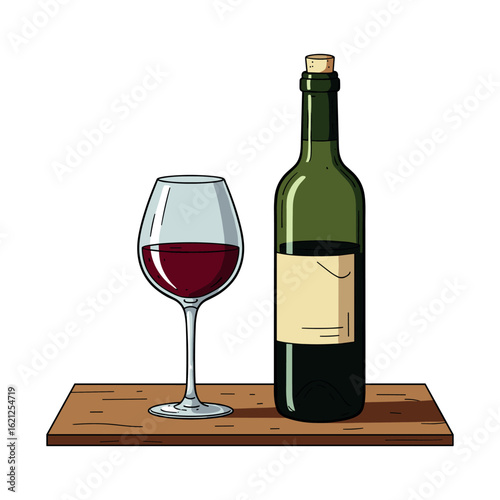 Wine bottle and glass on wooden surface with red wine