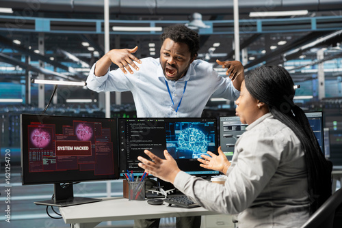 Bilde på lerret Data center engineers terrified by malicious attack on artificial intelligence computerized systems
