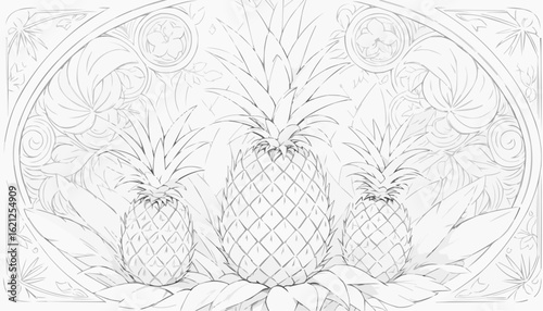 Coloring page of three pineapples surrounded by tropical leaves and floral patterns in a detailed design