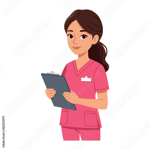 Young hispanic female nurse in pink scrubs holding clipboard smiling