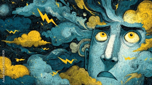 Worried man experiencing anxiety and stress with storm clouds and lightning in his head
