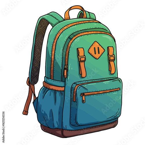 Green and blue backpack with brown straps and multiple pockets