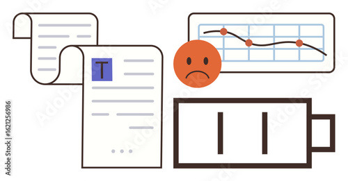 Documents, sad emoticon, and drained battery next to a negative trend chart, visualizing exhaustion, declining energy and productivity, information overload, burnout. Ideal for productivity loss