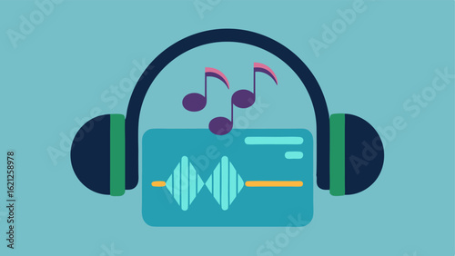 Audio Description Headphones A pair of headphones resting on a movie ticket with sound waves or a musical note emanating from them indicating audio description services.