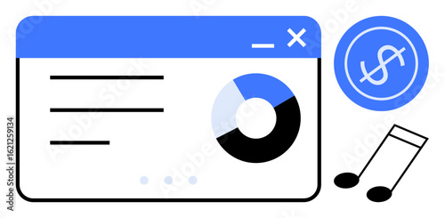 Finance dashboard featuring analytics pie chart and dollar sign, next to a music note. Ideal for finance, analytics, music industry, digital revenue, business growth, budgeting digital tools. Clean