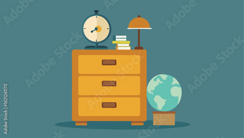 A vintage metal filing cabinet used as a bedside table with a retro alarm clock and globe on top.