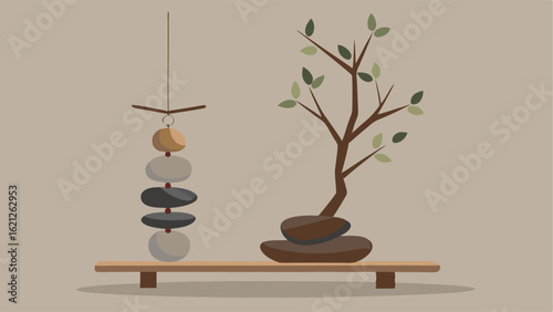 A zeninspired wall art made of twigs and stones hanging above a small wooden side table