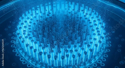Mesmerizing Blue Glow of Nuclear Reactor Core, Illuminating Underwater Spectacle , Striking Visual of Cherenkov Radiation in Nuclear Reactor Fuel Rods