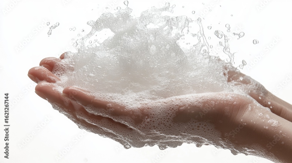 Fototapeta premium Hands holding soap foam, indicating personal hygiene practice.