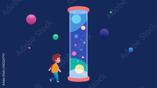 Bubble Tube An illustration of a tall illuminated bubble tube that slowly cycles colorful bubbles with a child mesmerized by its gentle movement and glow.
