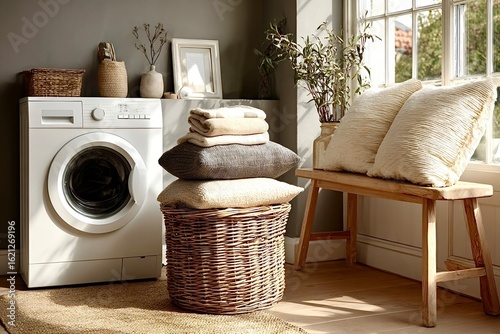 Modern washing machine in a cozy laundry room with wicker basket and wooden bench