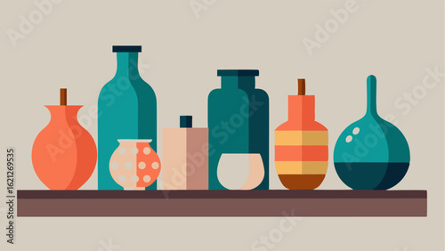 A shelf lined with handcrafted ceramic vases each one unique in shape and color.