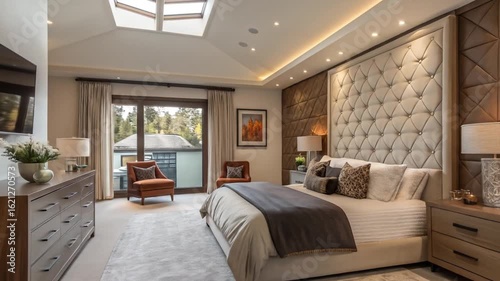 Luxury master bedroom suite with modern design elements, elegant lighting, and a calming, peaceful atmosphere to inspire relaxation
