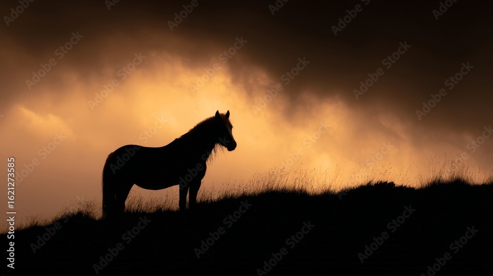 Fototapeta premium Majestic horse silhouette stands on a hill against a dramatic sunset sky, showcasing the beauty of nature and the tranquility of the equine spirit in a serene landscape