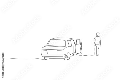 human person outside looking away think thoughts alone car road one line art vector