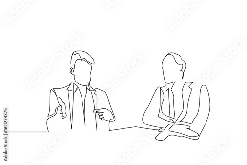 two office worker business people meeting explanation plan one line art vector