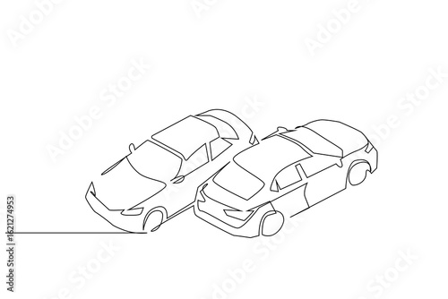 two cars road way center accident side by side one line art vector