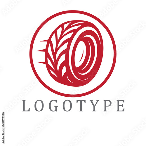Abstract red-and-white tire logo with swirling spiral tread, bold lines, and modern type