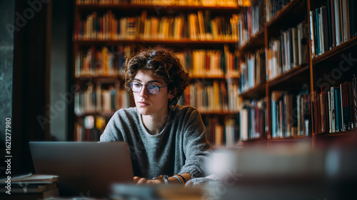 A student focused on studies in the library while using a laptop. The student wears glasses and is surrounded by a rich collection of books on shelves