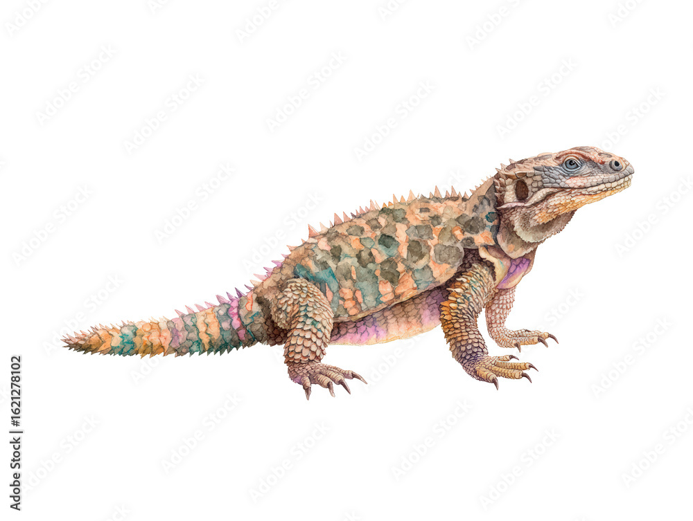 Fototapeta premium Watercolor animal illustration, a detailed illustration of a colorful desert lizard with spiky scales, isolated on transparent background