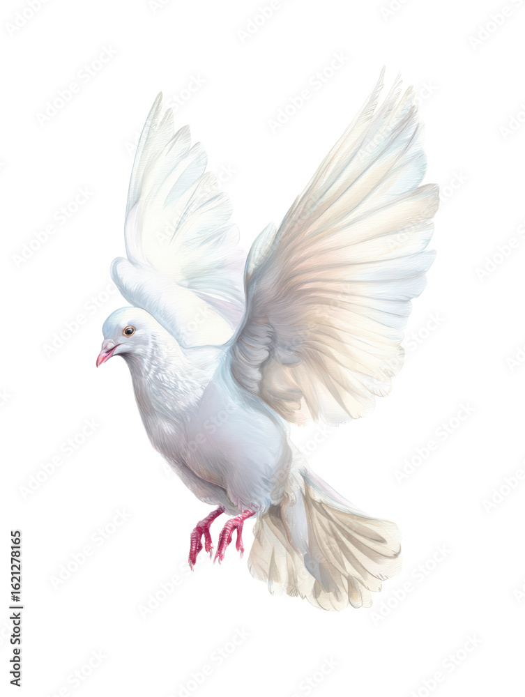 Obraz premium Watercolor animal illustration, a beautiful white dove flying with its wings spread, isolated on transparent background, symbolizing peace and freedom