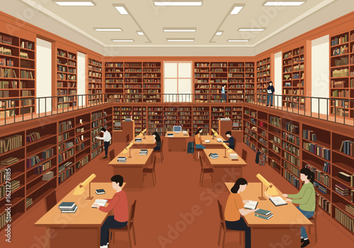 Illustration of a grand library interior with multiple levels, filled with bookshelves and people reading at desks under warm lamps.