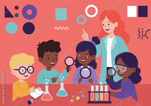 A female teacher guides diverse elementary students in a science experiment with beakers, test tubes, and magnifying glasses in a colorful classroom setting.