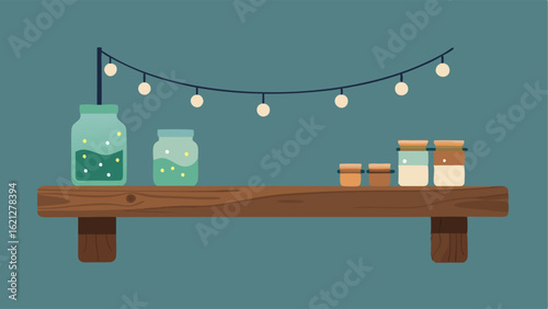 A reclaimed wooden beam used as a floating shelf lined with mason jars filled with fairy lights and a mix of rustic and elegant decor pieces.