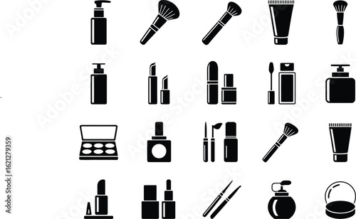 Collection of black and white cosmetic and makeup product icons