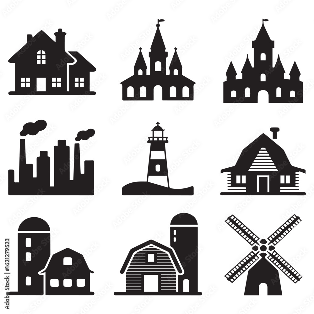Fototapeta premium A collection of various building silhouettes including houses, castles, factories, lighthouses, barns, and windmills isolated on white background, perfect for architectural or landscape designs