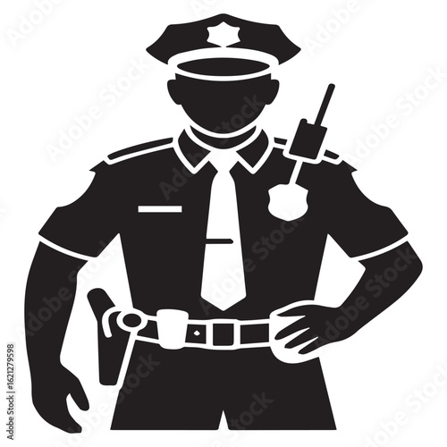 A police officer in uniform, standing with a gun and badge, representing law enforcement and public safety, isolated on white background, symbolizing authority and protection