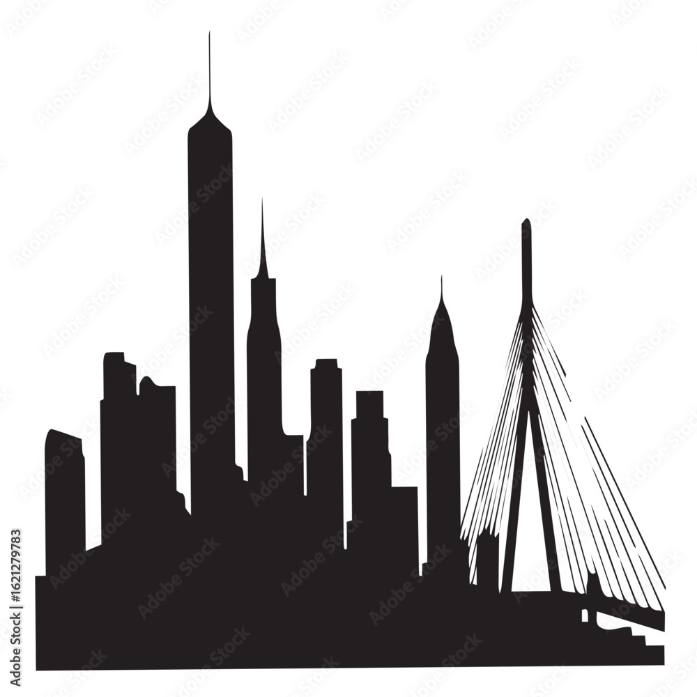 Obraz premium Boston city skyline silhouette isolated on white background featuring the zakim bridge and various skyscrapers, capturing the essence of urban architecture and travel destinations