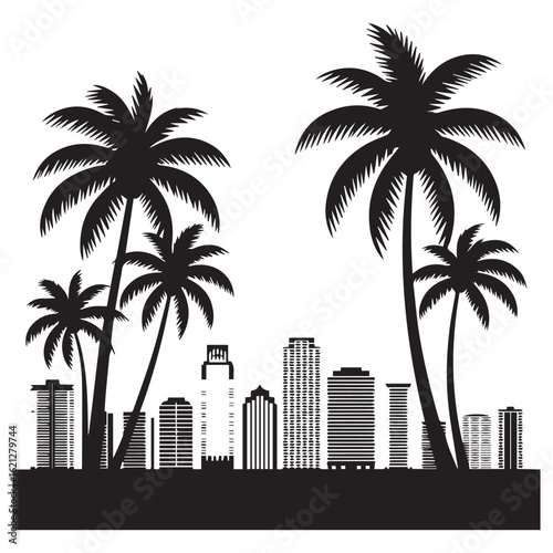 A tropical cityscape emerges with palm trees swaying against the skyline, creating a captivating blend of nature and urban architecture, isolated on white background