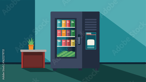 A vending machine is tucked in the corner providing a quick snack or drink for students on a study break.