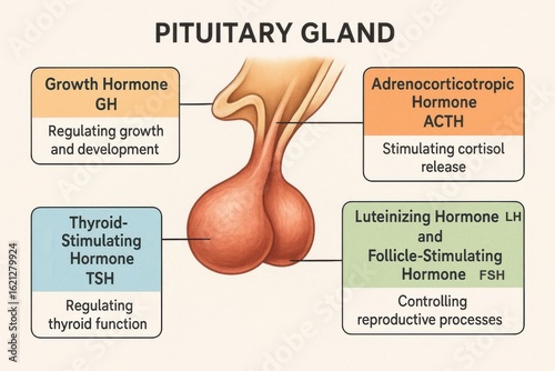 Isolated Pituitary Gland with Hormone Function Callouts – GH, ACTH, TSH, LH, FSH