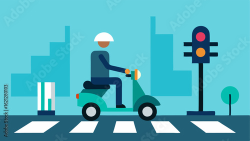 Crosswalk Convenience A depiction of an individual on a mobility scooter waiting at a pedestrian crosswalk with traffic lights and adjacent cars stopping to allow safe passage.
