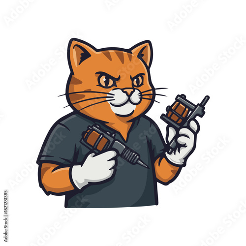 Playful Cat Mascot Holding a Fish – Ideal for Pet Food, Seafood Restaurants, Fishing, and Fun Concepts.