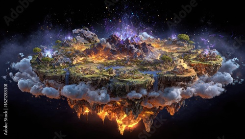 Volcanic Island Fantasy Game Map, fiery clouds, cosmic background, game design