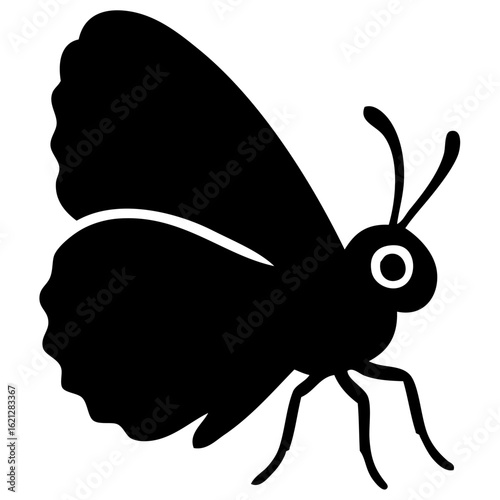 A clean, minimalist black silhouette illustration of a butterfly, ideal for use in logos, prints, or nature-themed vector art.