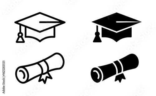 Graduation hat cap icons set. Academic cap. Graduation student black cap and diploma silhouette