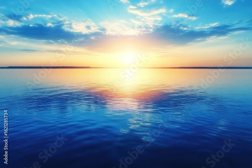 Serene sunset over calm lake, reflecting sky, peaceful nature scene, ideal for travel or relaxation