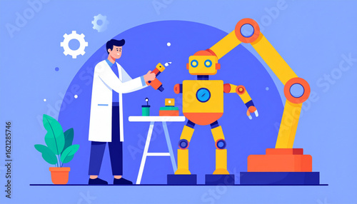 Illustration of a scientist in a lab coat repairing a yellow robot with a tool, with a robotic arm and plant in the background.