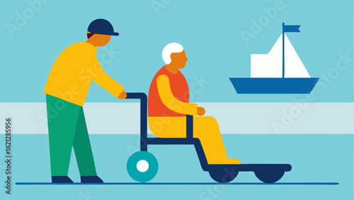 Crew Assistance An illustration depicting a crew member assisting a passenger in a mobility device to board the boat symbolizing support and inclusivity.