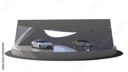 Two modern cars are displayed in a futuristic showroom with a unique architectural design, showcasing automotive innovation and luxury style isolated on white background