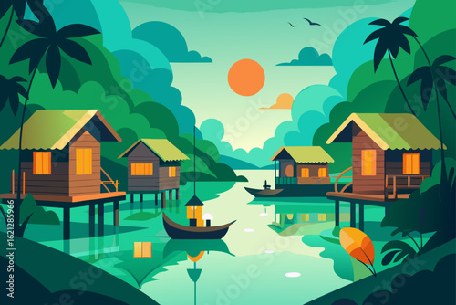 Riverside or lakeside home illustration with a cottage, trees, and sky