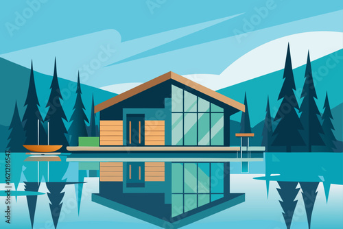 Blue sky over a wooden lake house, its white roof and windows reflecting the serene summer landscape
