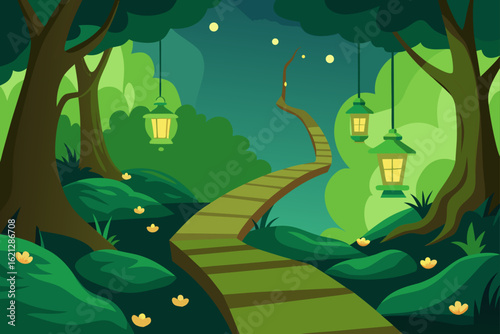 A magical fairy tale castle illustration nestled in a vibrant green forest at night with colorful trees and plants