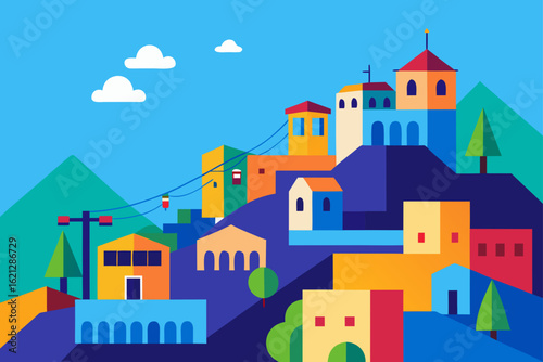 Cartoon vector illustration of a charming old town with diverse architecture, including a prominent church, houses, and streetscapes